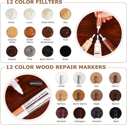 SEISSO Wood Furniture Repair Kit, Touch Up Markers Wood Fillers | Wood Putty with Polish Wax, 12 Colors Wood Repair Kit of Stains, Scratches, Holes, Cracks(40 PCs)