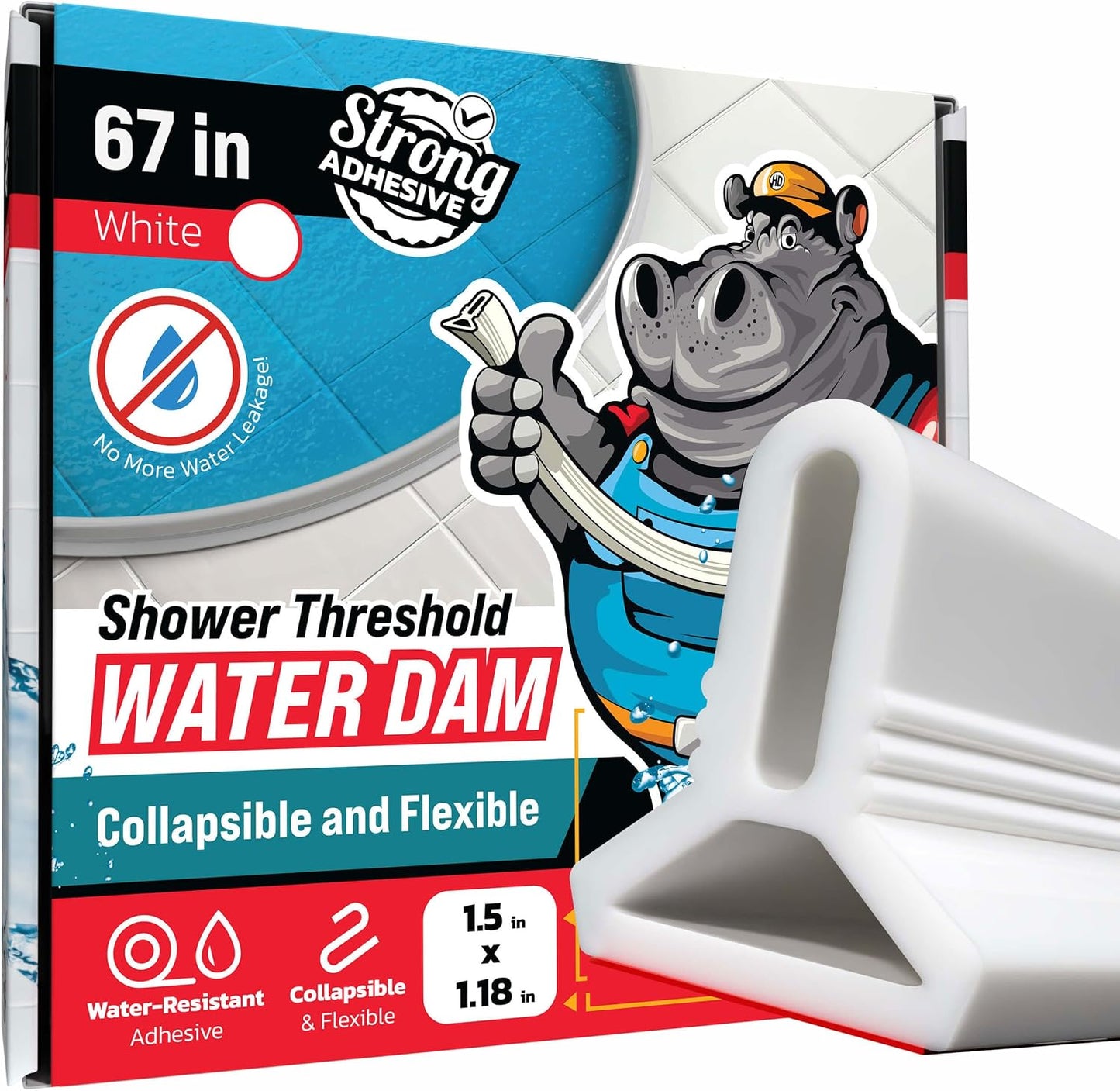 67" White Shower Threshold Water Dam Barrier, 1.5" Tall Water Stopper Strip | Flexible 1.5-inch-tall door seal helps contain splashes, block leaks and keep bathroom floors dry around walk-in showers