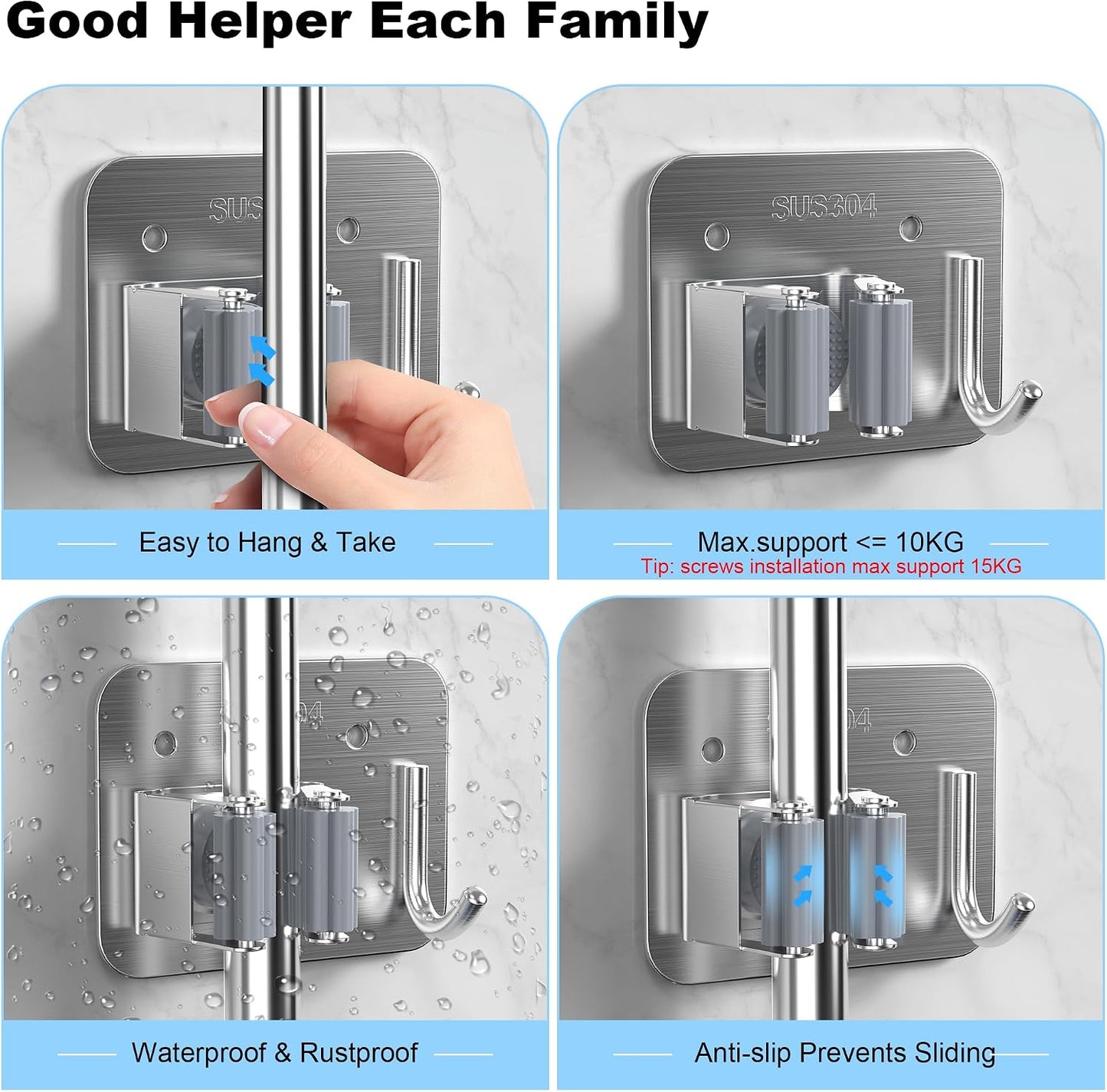 4 Pack Stainless Steel Mop and Broom Holder Wall Mount with Hook, Silver | Screw Drilling or Self Adhesive Storage Rack for Closet Laundry Garage Garden Tool Organizer