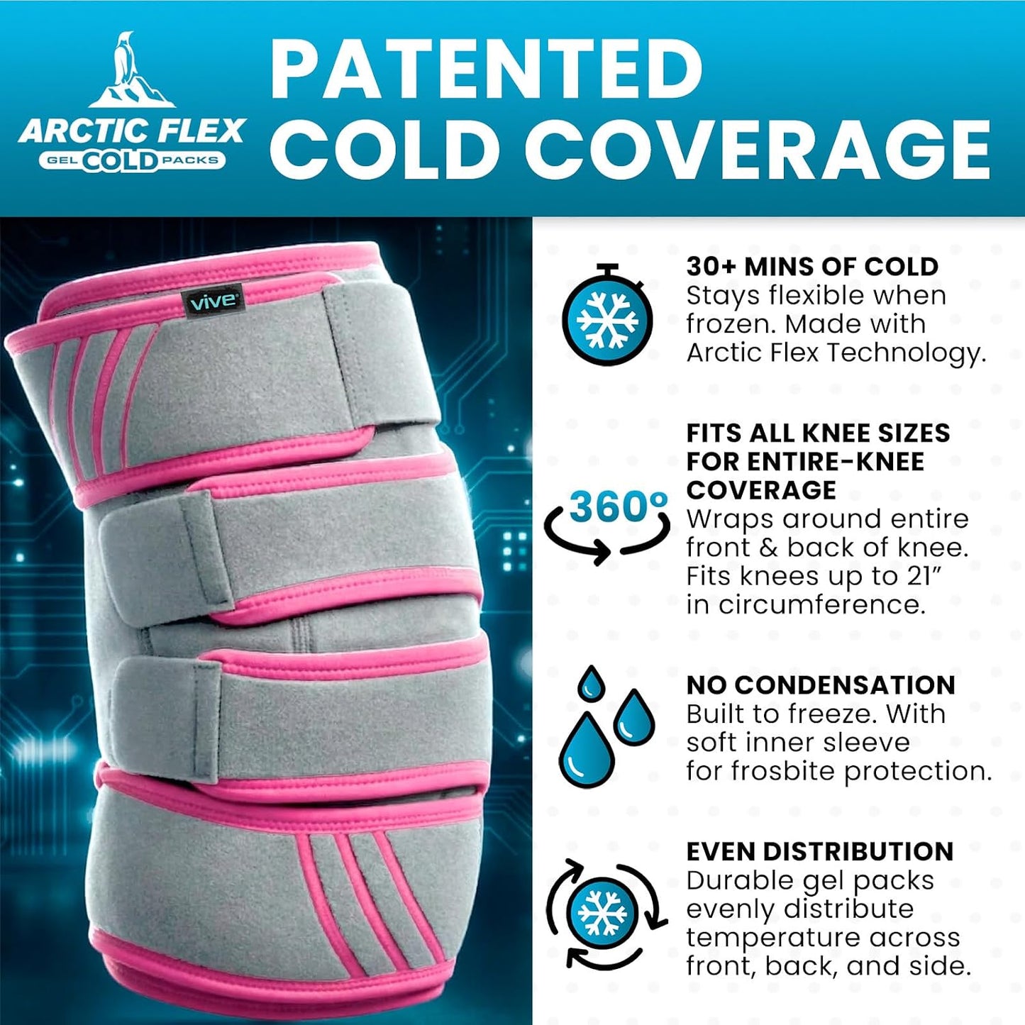 Vive Knee Ice Pack Wrap - Cold/Hot Gel Compression Brace for Pain Relief | Strap for Arthritis Pain, Tendonitis, ACL, Athletic Injury, Osteoarthritis, Women, Men, Running, Meniscus, Patella, Surgery
