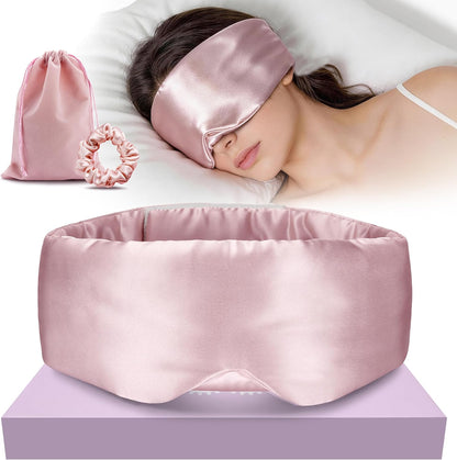 Silk Sleep Mask 22 Momme 100% Mulberry Silk & 3.5cm Silk Hairband Set for Side Sleeper Women Men,Light Blocking Nose Pad, Adjustable Silent Strap,Eye Mask fo Home & Travel Use (Pink)