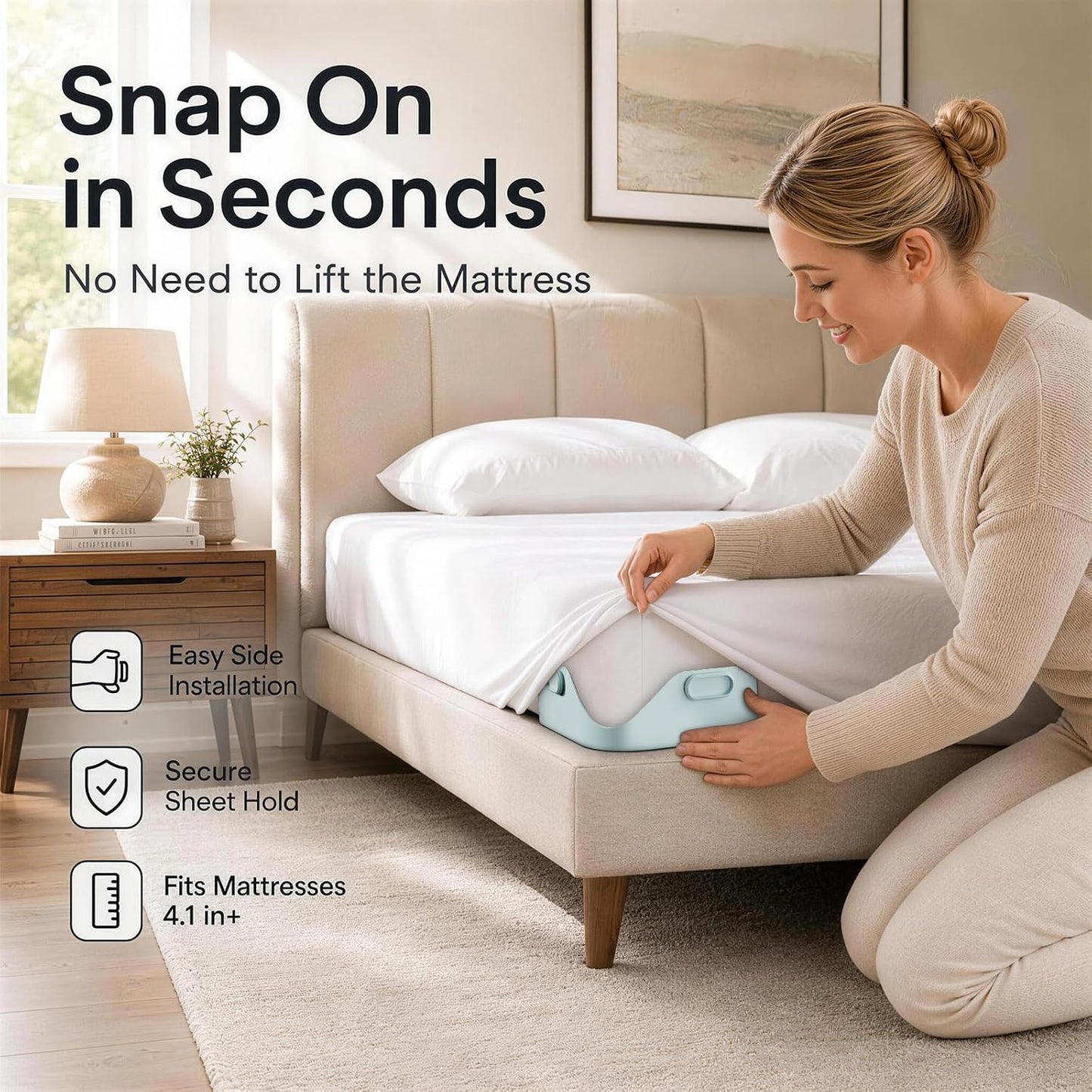 B-Land Bed Sheet Holders for Corners:4 Pack Non-Stretch External Clips- Fitted Sheet Grippers for Deep Pockets- No-Lift for Dorm & RV Beds, Keep Sheets Tight on Memory Foam & Twin-King (White+Grey)