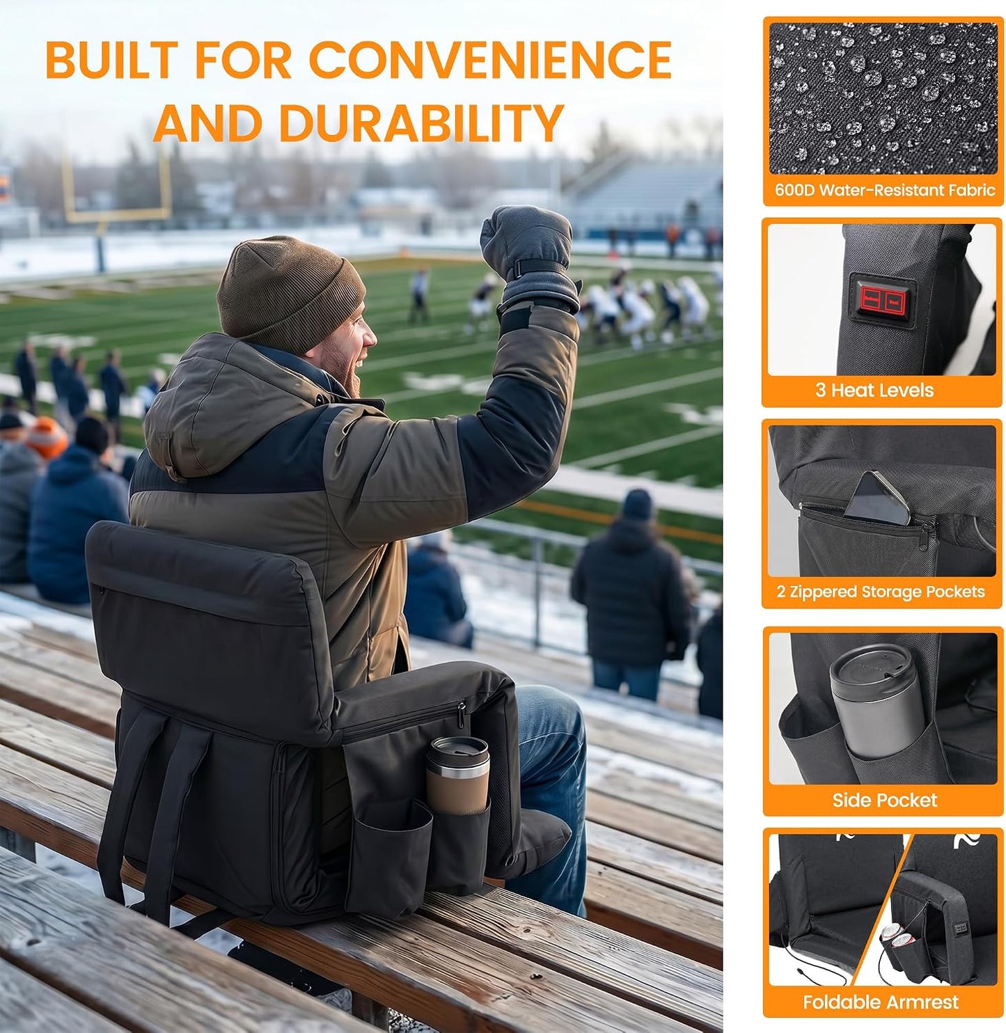 25in 5.12" Extra Thick&Wide Heated Stadium Seat for Bleachers | Sofa Style Design Thick Bleacher Chair With Back and Comfy Cushion, 6 Reclining Positions, 3 Heat Levels (NO Battery)