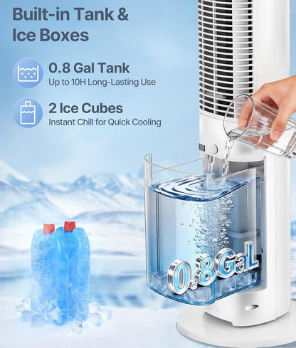 Evaporative Air Swamp Cooler - 38inch Cooling Fans that Blow Cold Air for Bedroom, Portable Tower Fan with 3L Water Tank, Ice Packs, Remote Control, 3 Speeds