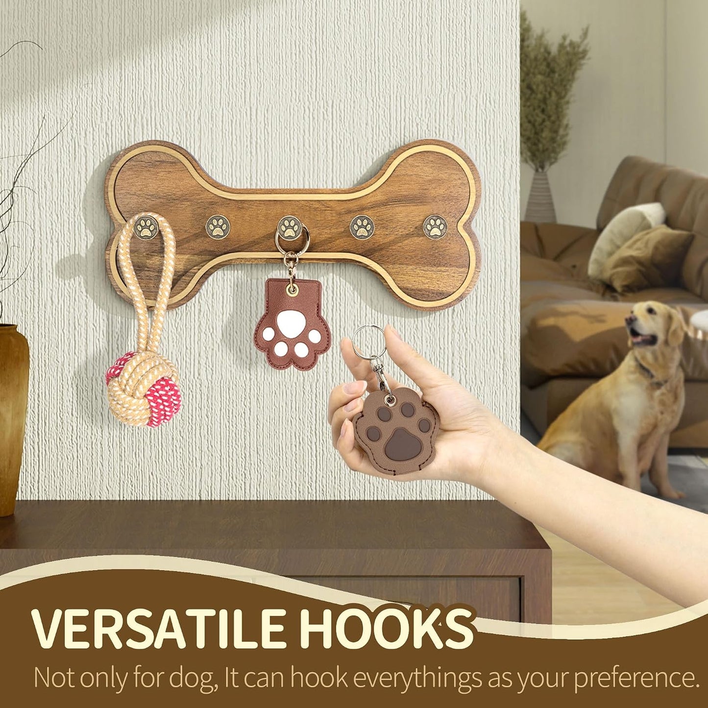 MTERSN Dog Leash Holder Wall Mount with 3D Paws Hooks, Distressed White | Bone-Shaped Dog Leash Holder for Wall, Leash Holder, 5 Dog Leash Hook, Pet Accessories Storage, Gift for Dog Lovers