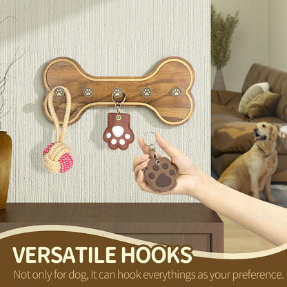 MTERSN Dog Leash Holder Wall Mount with 3D Paws Hooks, Distressed White | Bone-Shaped Dog Leash Holder for Wall, Leash Holder, 5 Dog Leash Hook, Pet Accessories Storage, Gift for Dog Lovers