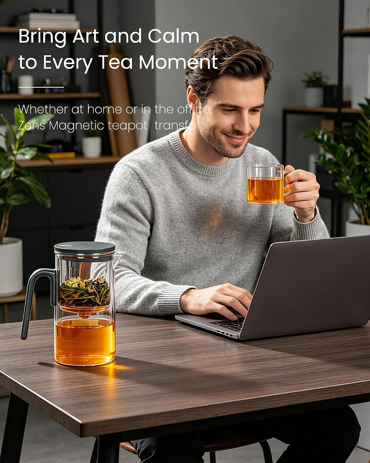 ZENS Magnetic Glass Infuser Teapot for Loose Tea, 27oz Walnut Wood Handle | Magic Teapot with Infuser, Echanted Tea Maker, Mess-Free Loose Leaf Tea Diffusers for Tea lover Gifts