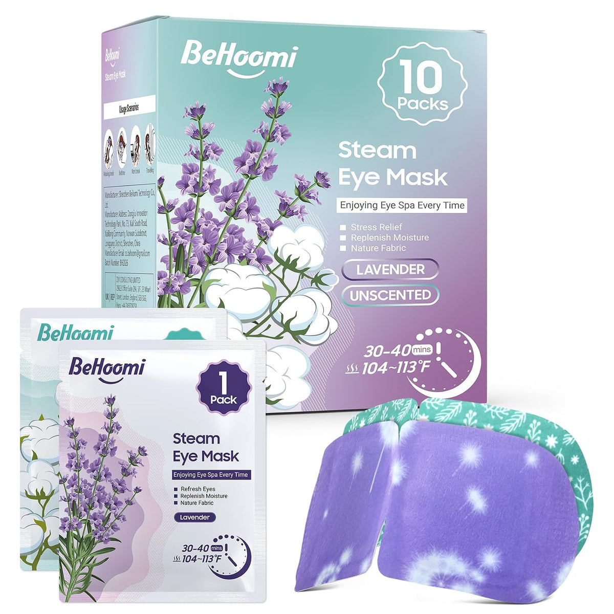 BeHoomi Steam Eye Mask, 10Packs Heated Eye Mask, Self Heating Disposable SPA Warm Compress for Eyes Sleep Mask, Travel Essentials & Relaxation Gifts for Women (Lavender Scent)