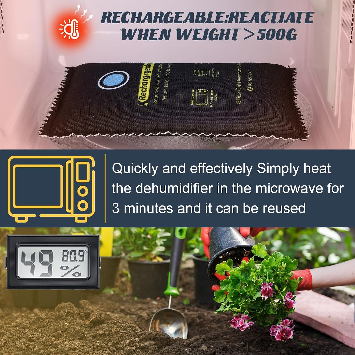 Tellegloww 8 Pcs 500 Grams Rechargeable Silica Gel Desiccant Packets with Mini Digital LCD Hygrometer Thermometers Dehumidifier Bag for Gun Safe Closet Basement Car Storage Clothes Moisture Absorber