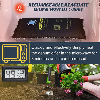 Tellegloww 8 Pcs 500 Grams Rechargeable Silica Gel Desiccant Packets with Mini Digital LCD Hygrometer Thermometers Dehumidifier Bag for Gun Safe Closet Basement Car Storage Clothes Moisture Absorber