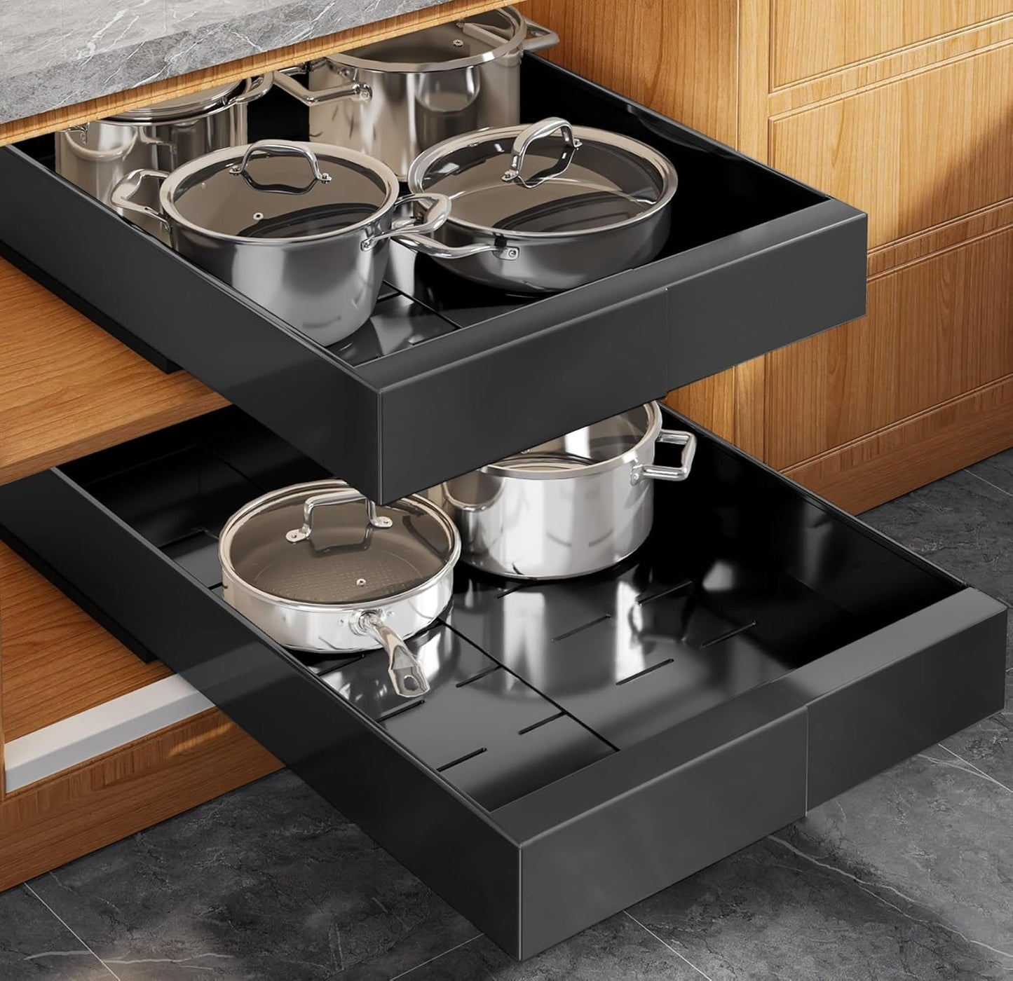 Seinloes 2 Pack Pull Out Cabinet Organizer for Wide Cabinets,Expandable 15.1"-26.3" Width,21" Deep Slide Out Drawers With Raising Pad for Framed Cabinets,3 Slide Rails,No Drill Roll Out Shelves,White