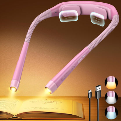 Glocusent Neck Light with Timer, 100 Hours Book Light for Bedtime Reading | Neck Reading Light, 3-Color, 5 Brightness, Bendable, Ergonomic, 1600mAh, Rechargeable, Eye Care, Sleep Aid, Travel Lock, Gift