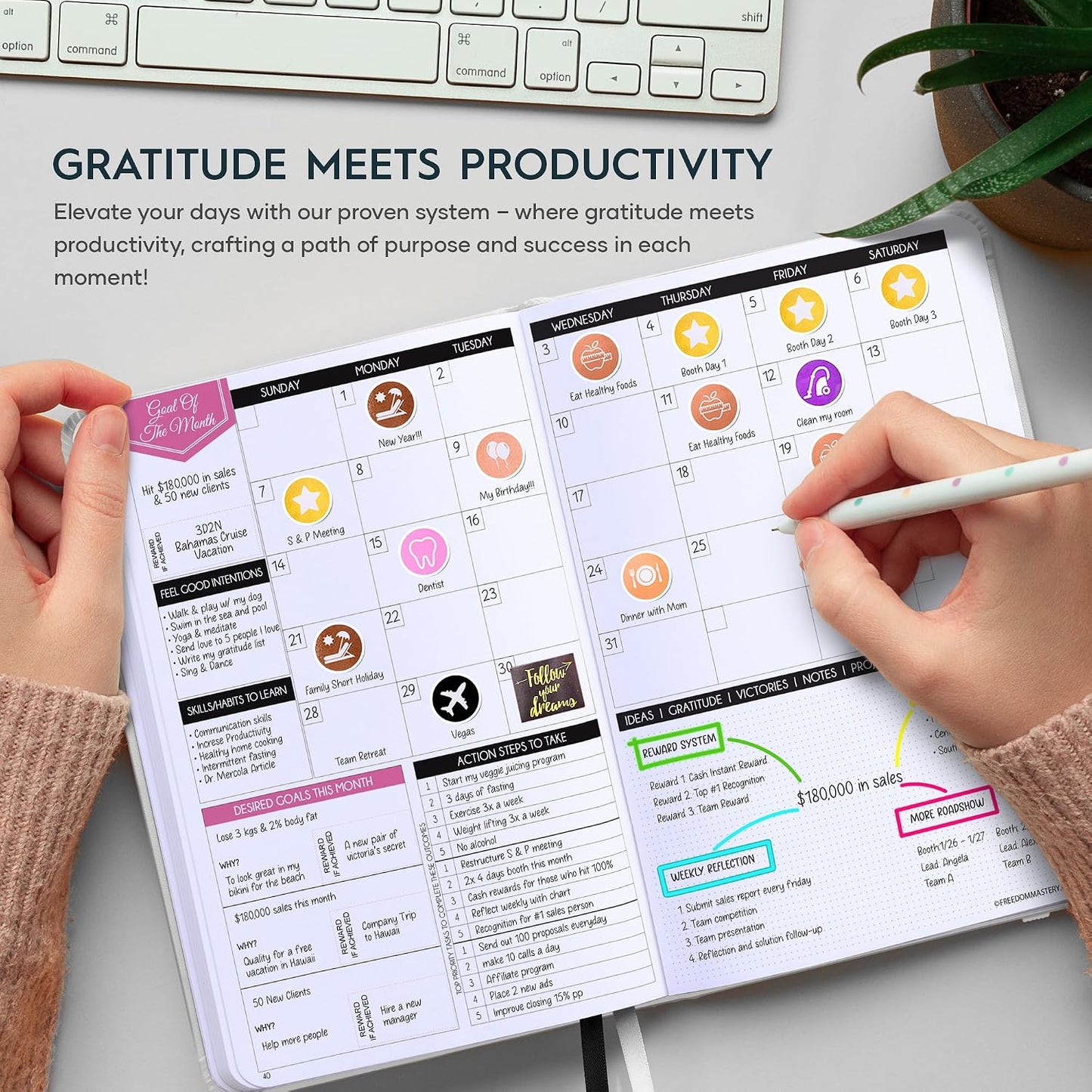 Freedom Mastery Daily Journal of Gratitude, Productivity & Habit Tracker | Undated 90-Day Planner with Daily Reflection, Mindfulness, Positivity, Vision Board & Stickers, Gratitude Journal for Women