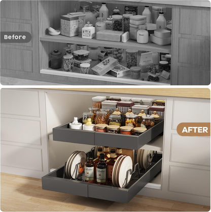 Seinloes 2Pack Pull out Cabinet Organizer 21"Deep with 4 Adjustable Dividers,Expandable（12.1"-20.4"W） Pots and Pans Organizer Under Cabinet with Raising Pad for Framed Cabinets,Slide out Drawers,White
