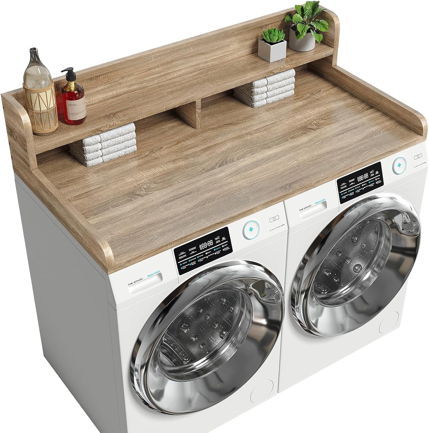 2-Tier Washer Dryer Countertop with 2.75" H Edge Rails, 54" W x 27.55" D Laundry Countertop for Folding Clothes, Washer and Dryer Topper with Non-Slip Pad (Dark Walnut)