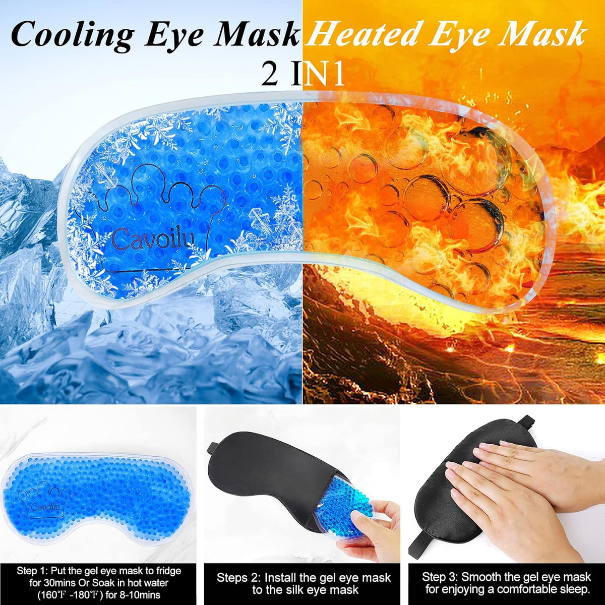 Silk Sleep Mask with Cooling Gel Eye Mask, Warm and Cold Compress, Heated Eye Mask for Tired Eyes, Stain Eye Cover Sleeping Mask for Travel, Home, Office, Yoga, Total Blackout (Black)
