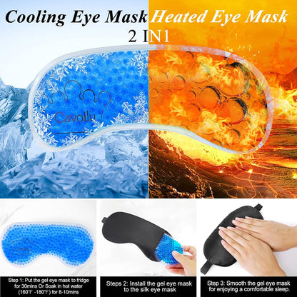 Silk Sleep Mask with Cooling Gel Eye Mask, Warm and Cold Compress, Heated Eye Mask for Tired Eyes, Stain Eye Cover Sleeping Mask for Travel, Home, Office, Yoga, Total Blackout (Black)
