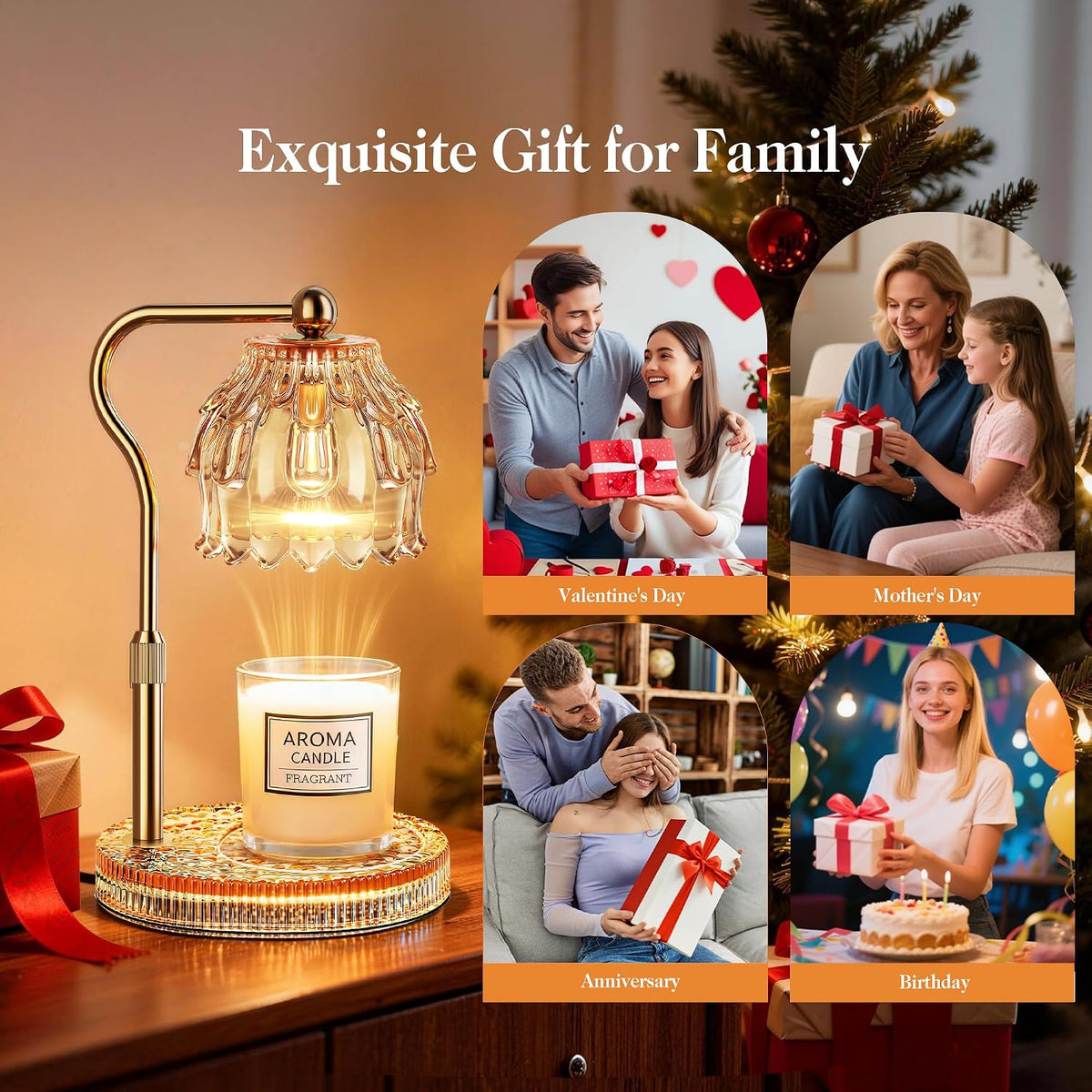 Candle Warmer Lamp with Timer Dimmer, Modern Wax Warmer for Scented Wax Jar Candle Warmer with 2 Bulbs, Adjustable Height Glass Lamp for Gifts for Women, Home Decor, Gold Amber