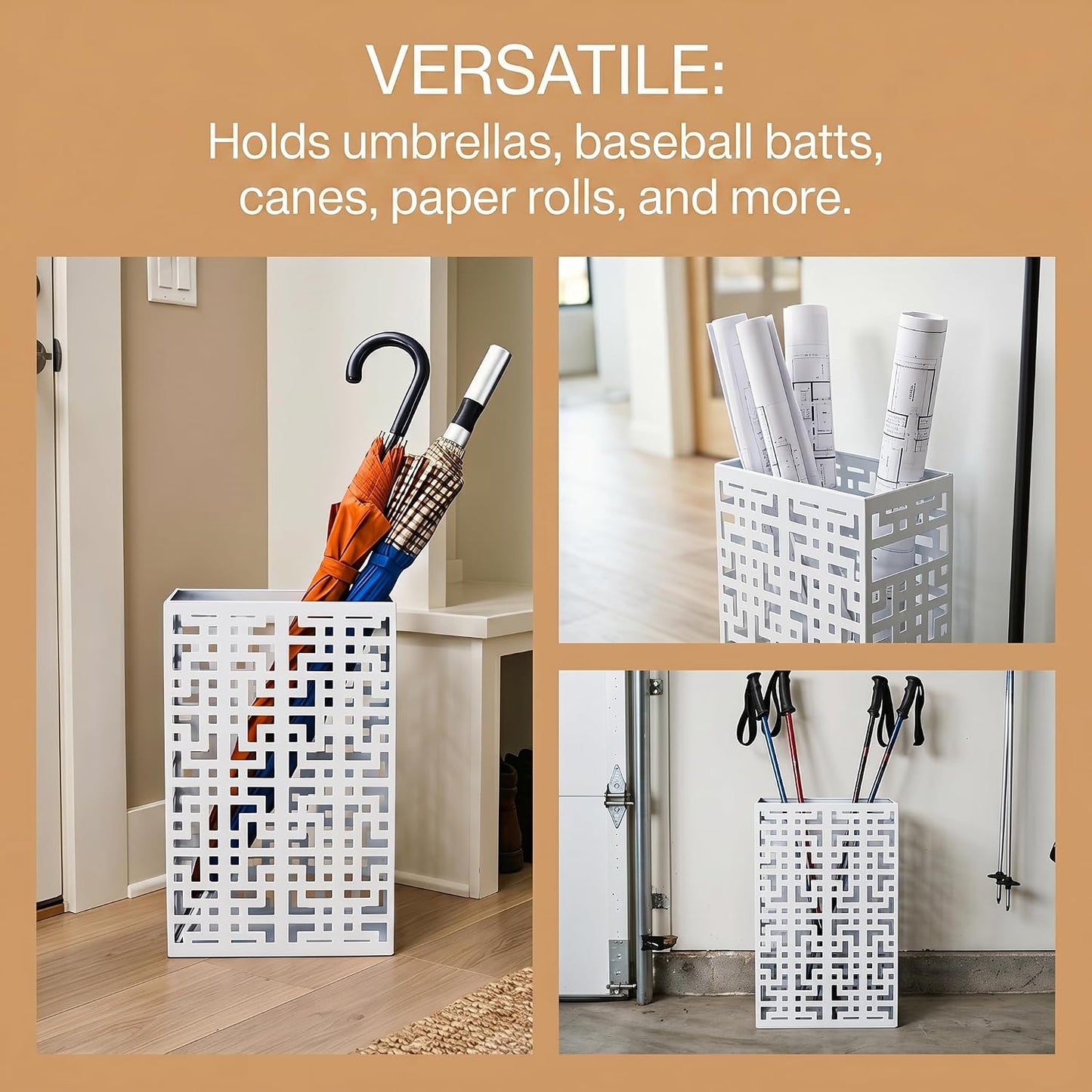 BEWBBAT Umbrella Holder Stand for Entryway, Square Metal Umbrella Rack, Freestanding Rectangular Hollow Rack for Home Office, 16 x 10 x 5 Inch, White