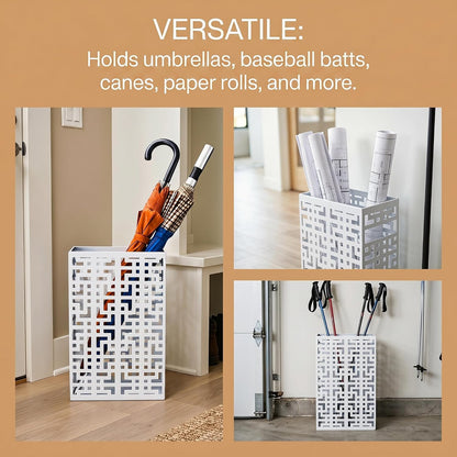 BEWBBAT Umbrella Holder Stand for Entryway, Square Metal Umbrella Rack, Freestanding Rectangular Hollow Rack for Home Office, 16 x 10 x 5 Inch, White