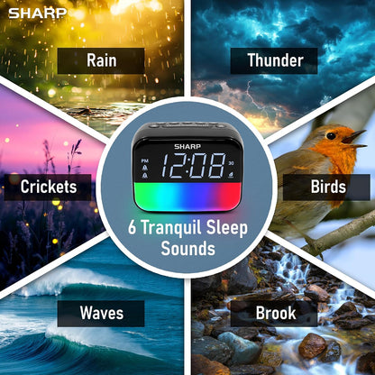 Sharp RGB Alarm Clock with Bluetooth Speaker, Sleep Sounds, Night Light | 9 color modes, 2 wake times, 15-60 min timer, 4-step dimmer, white LED display, bedroom, dorm, office, kids room, bedside use