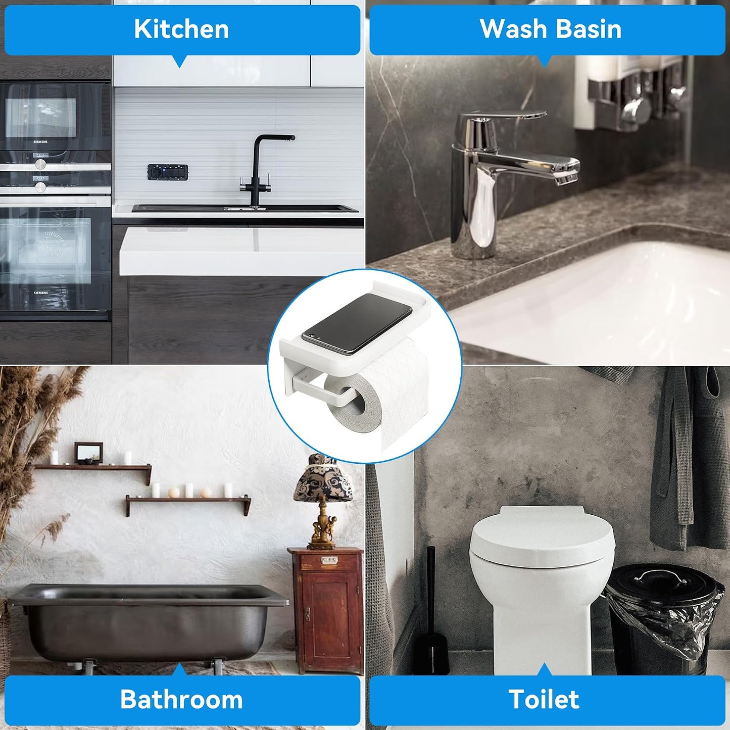 Toilet Paper Holder with Phone Shelf, Adhesive or Screw Wall Mount Toilet Tissue Roll Holder-White