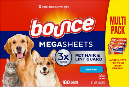 Bounce Pet Hair and Lint Guard Mega Dryer Sheets with 3X Pet Hair Fighters, Fresh Scent, 180 Count