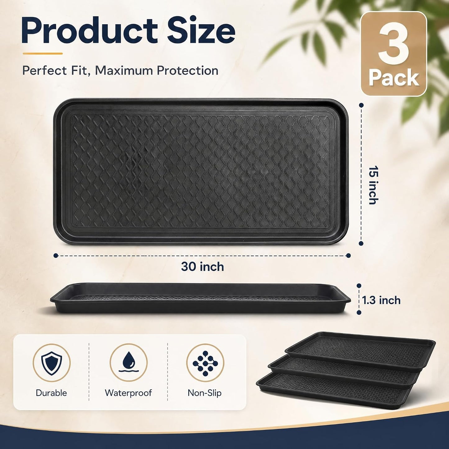 Fasmov 3 Pack Utility Boot Tray Mat Multi-Purpose Anti-Slip Tray Mat Boots, Dog Food Bowls, Gardening, Laundry, Kitchen, Garage, Entryway, 30 x 15 inches