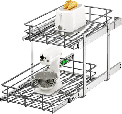 2 Tier Pull Out Cabinet Organizer - 20" W x 22" D Soft Close Slide Out Shelves with Shelf Liners - Pullout Drawers for Kitchen Cabinets, Pantry, Bathroom, Heavy Duty Steel Wire Baskets