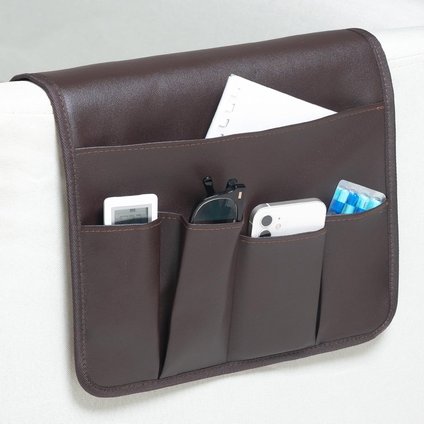 PU Leather Sofa Armrest Organizer, Armchair Magazine Holders, Waterproof Remote Holder for Recliner Couch with 1 Large Pocket, 4 Small Pockets for Magazine, Remote, Phone, Ipad, Books (brown)
