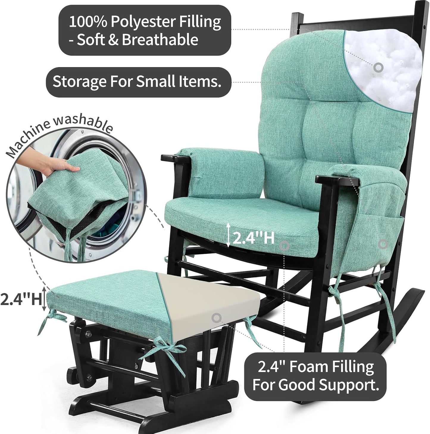 BUYUE Glider Rocker Replacement Cushion 5 PCS with Ties, Linen High-Density Foam Non-Slip & Washable Rocking Chair Pads for Sitting,Red