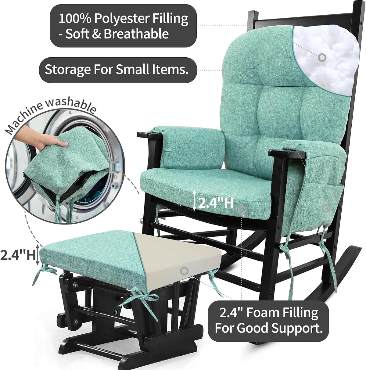 BUYUE Glider Rocker Replacement Cushion 5 PCS with Ties, Linen High-Density Foam Non-Slip & Washable Rocking Chair Pads for Sitting,Red
