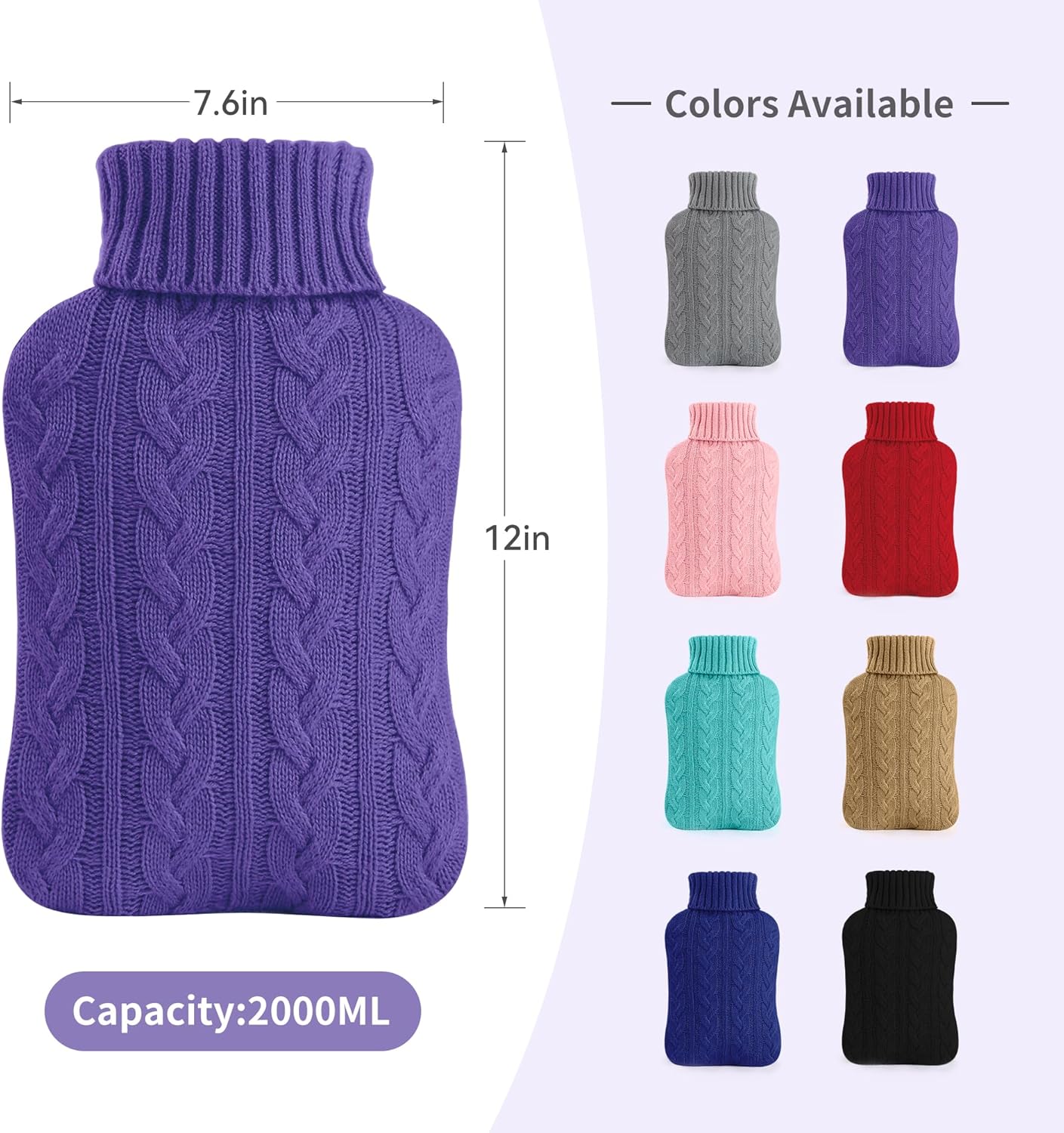 samply 2L Hot Water Bottle with Knitted Cover, Hot Water Bag, Purple | Soft knitted cover for hot or cold compress. Ideal for cramps, neck, shoulders, hands and feet. Reusable.