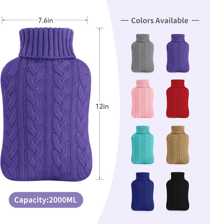 samply 2L Hot Water Bottle with Knitted Cover, Hot Water Bag, Purple | Soft knitted cover for hot or cold compress. Ideal for cramps, neck, shoulders, hands and feet. Reusable.