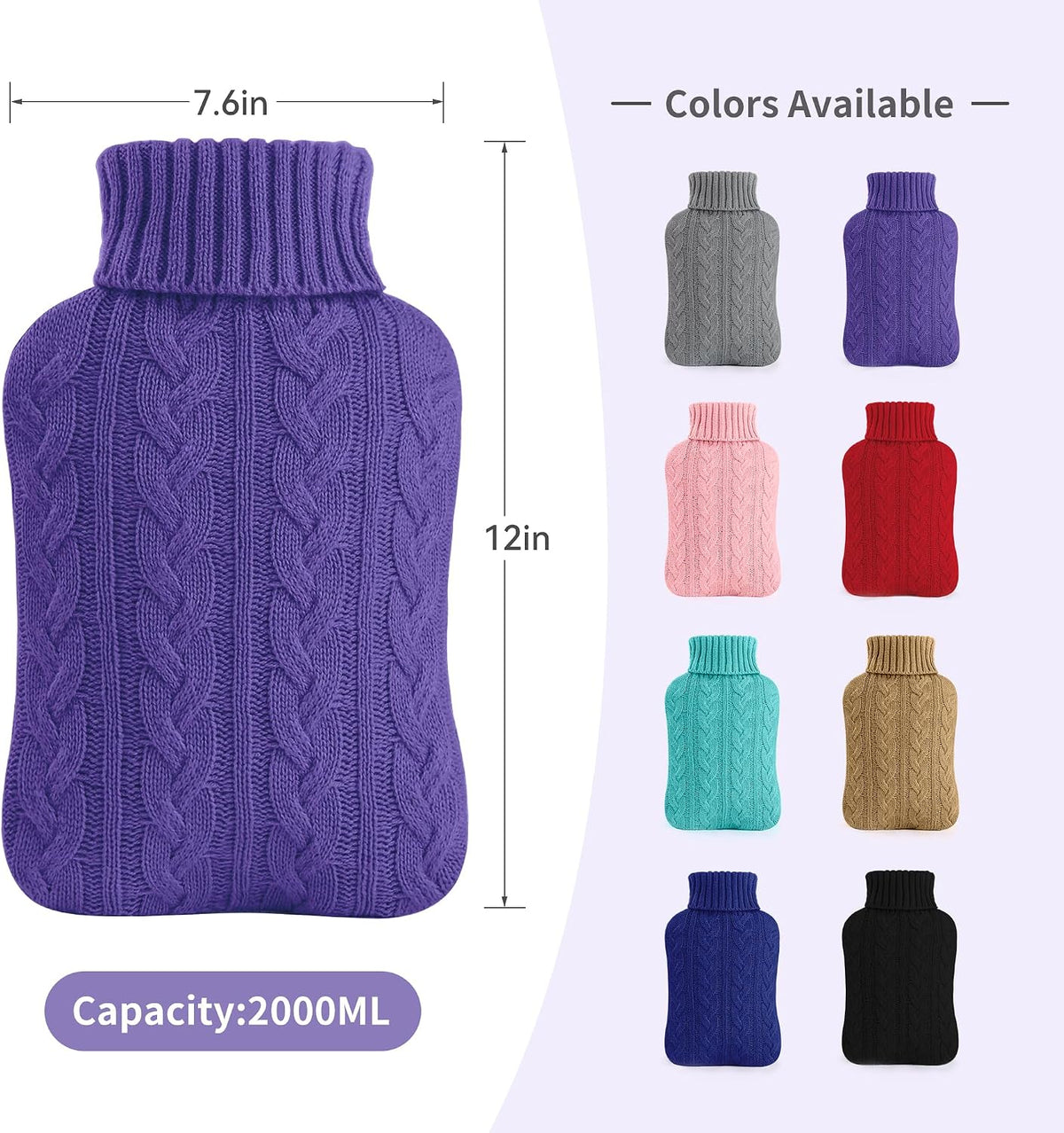 samply 2L Hot Water Bottle with Knitted Cover, Hot Water Bag, Purple