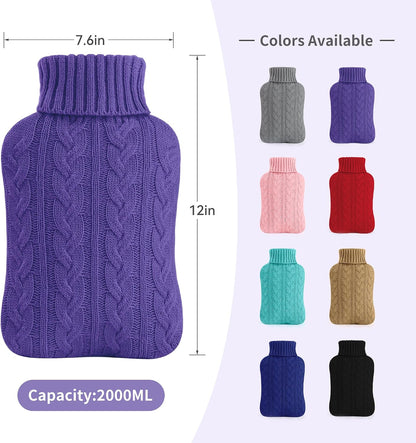 samply 2L Hot Water Bottle with Knitted Cover, Hot Water Bag, Purple
