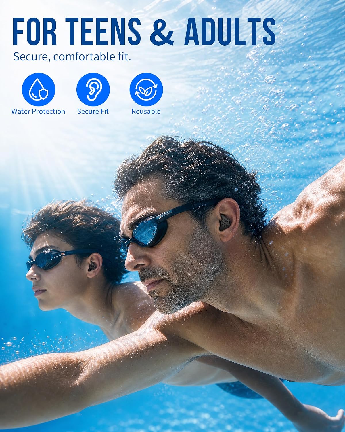 Swimming Ear Plugs, Swim Earplugs 3 Pairs for Swimmer Surfing Water Sports | Waterproof Protection, Soft Silicone Comfort, Wave-Shaped Fin, Noise-Reducing Design for Teens & Adults