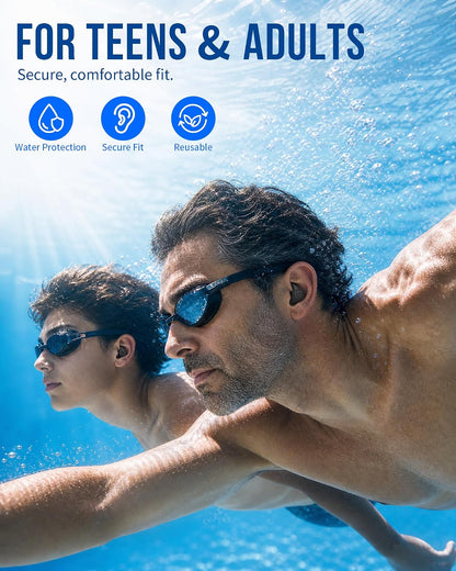 Swimming Ear Plugs, Swim Earplugs 3 Pairs for Swimmer Surfing Water Sports | Waterproof Protection, Soft Silicone Comfort, Wave-Shaped Fin, Noise-Reducing Design for Teens & Adults