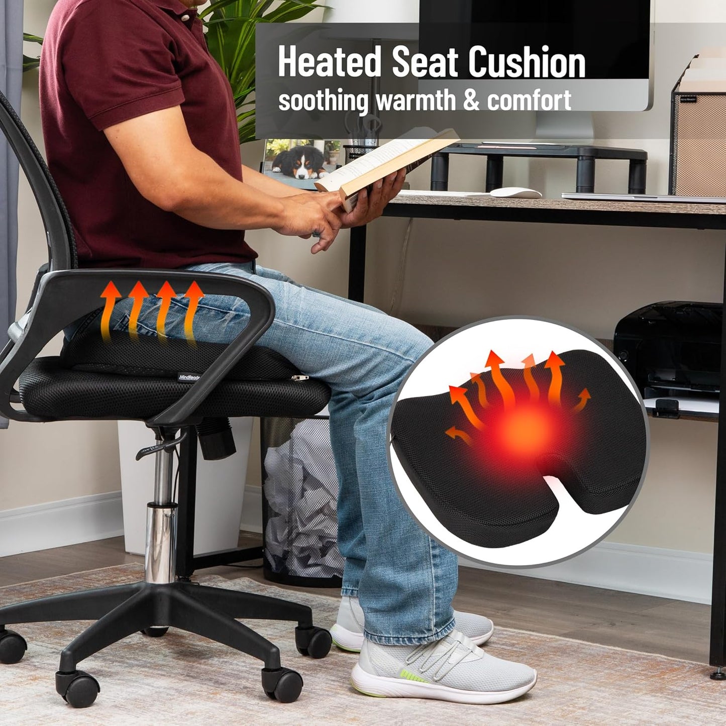 Mind Reader Heated Memory Foam Seat Cushion with Air-Cloud Support, Slim Ergonomic Cushion with 4 Heat Settings Timer and Auto Shut-Off, Black
