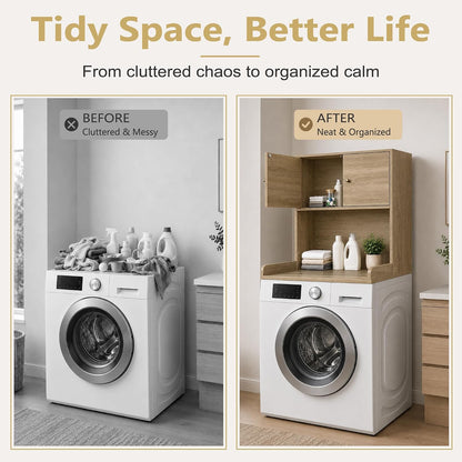 Laundry Storage & Organization (Oak) | Washer and Dryer Topper with Edge, Over Washer and Dryer Shelves for Laundry Room, Universal Fit, 27.5"Wx27.5"Dx29"H