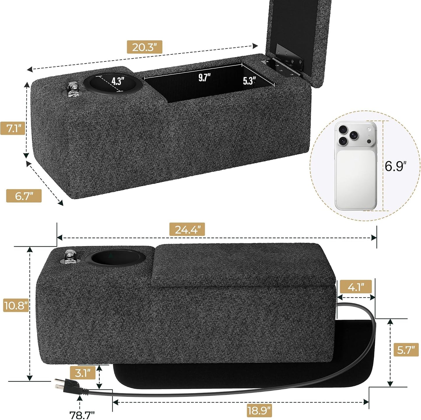 Couch Caddy with Cup Holder, 20.3 Inch White Armrest Console | Removable Sofa Armrest Organizer with Charging and Phone Holder, Storage for Remotes, Snacks and Everyday Essentials
