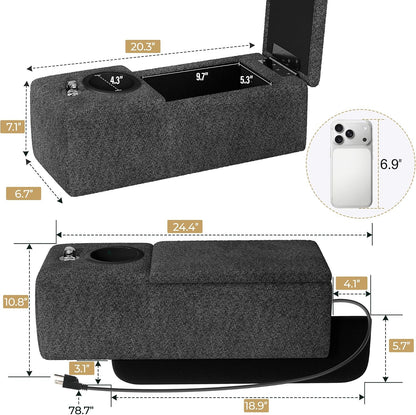 Couch Caddy with Cup Holder, 20.3 Inch White Armrest Console | Removable Sofa Armrest Organizer with Charging and Phone Holder, Storage for Remotes, Snacks and Everyday Essentials