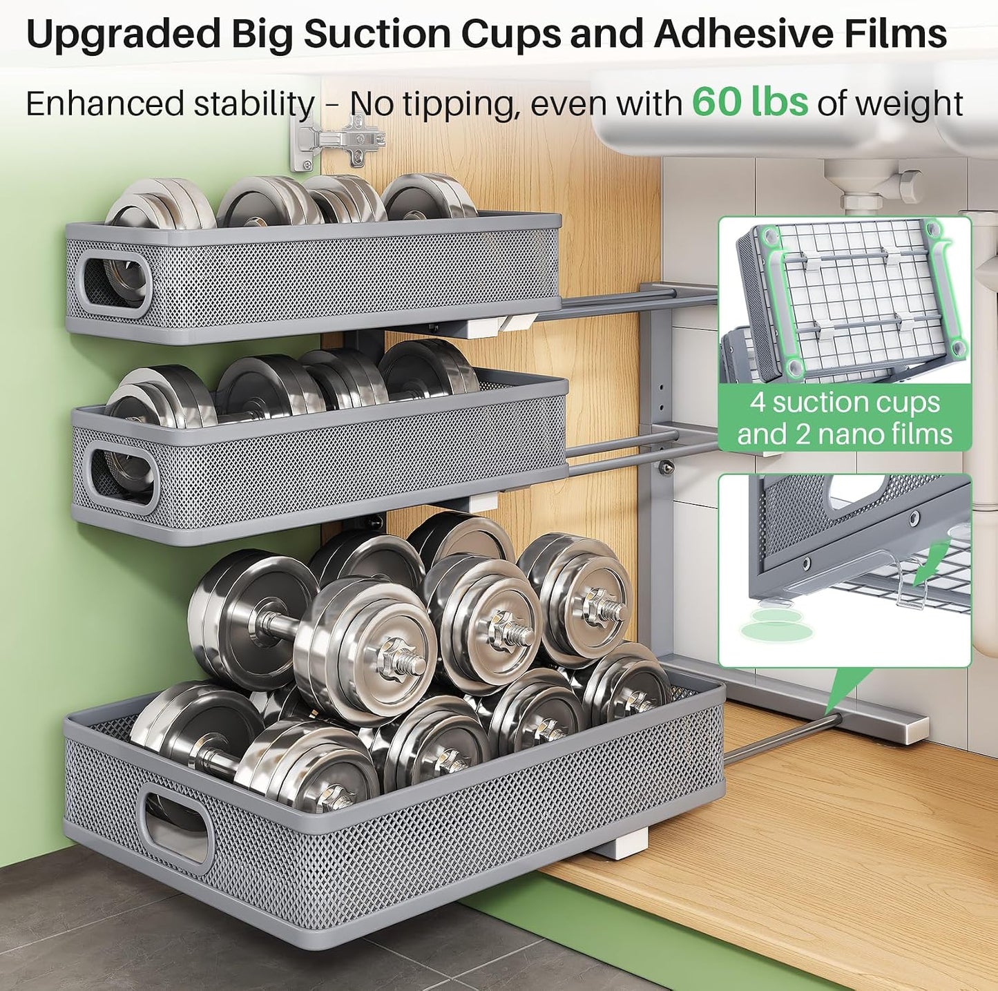 Kitstorack Under Sink Organizer, 2-Pack 3-Tier Height Adjustable Thickened Metal Pull out Cabinet Organizer Shelf, Slide out Storage Drawer Rack for Bathroom Kitchen Pantry Home Laundry Organization
