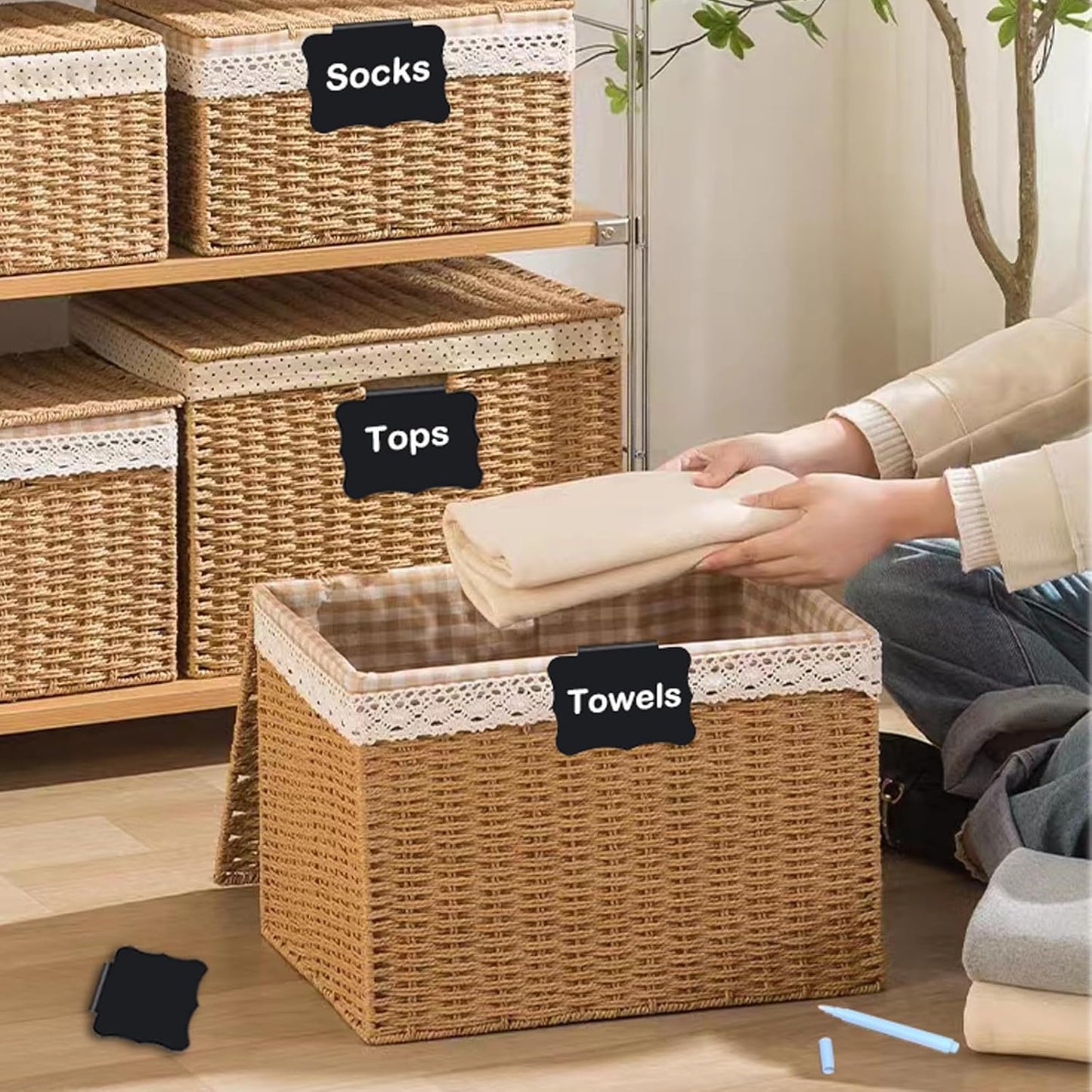 20 Basket Labels Clip On, Reusable Labels for Storage Bins, Removable Chalk Labels for Containers, Kitchen Closet Baskets and Storage Basket Holders with 2 White Chalk Markers