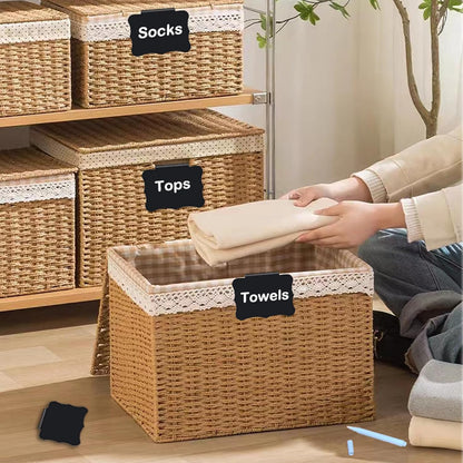 20 Basket Labels Clip On, Reusable Labels for Storage Bins, Removable Chalk Labels for Containers, Kitchen Closet Baskets and Storage Basket Holders with 2 White Chalk Markers