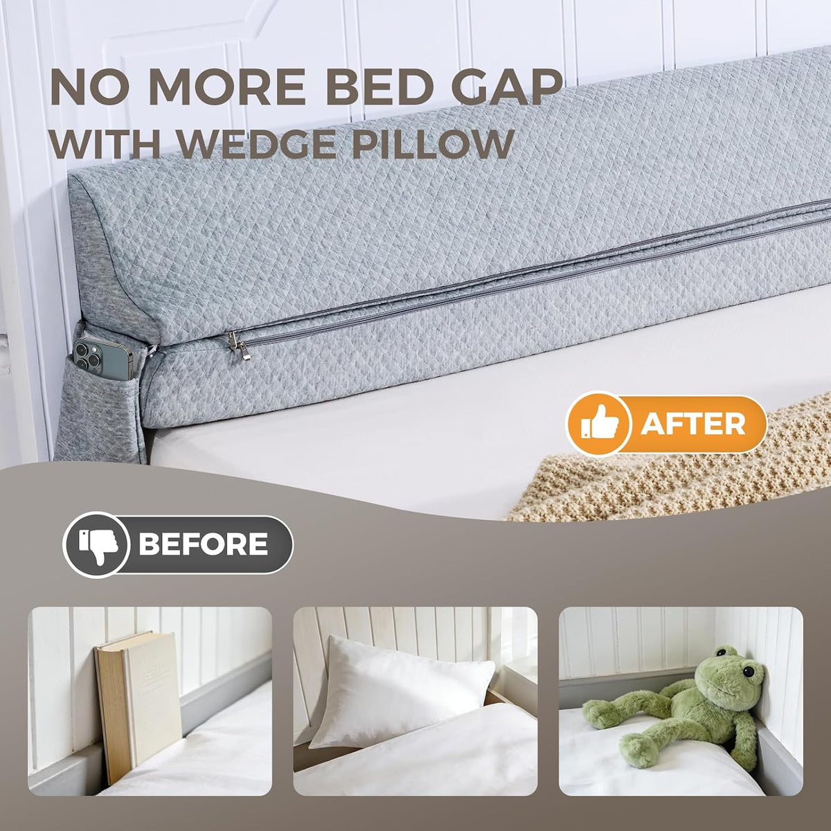 Bed Wedge Gap Filler Queen Size, Wedge Pillow for Headboard Gap, 60×10×6 in
