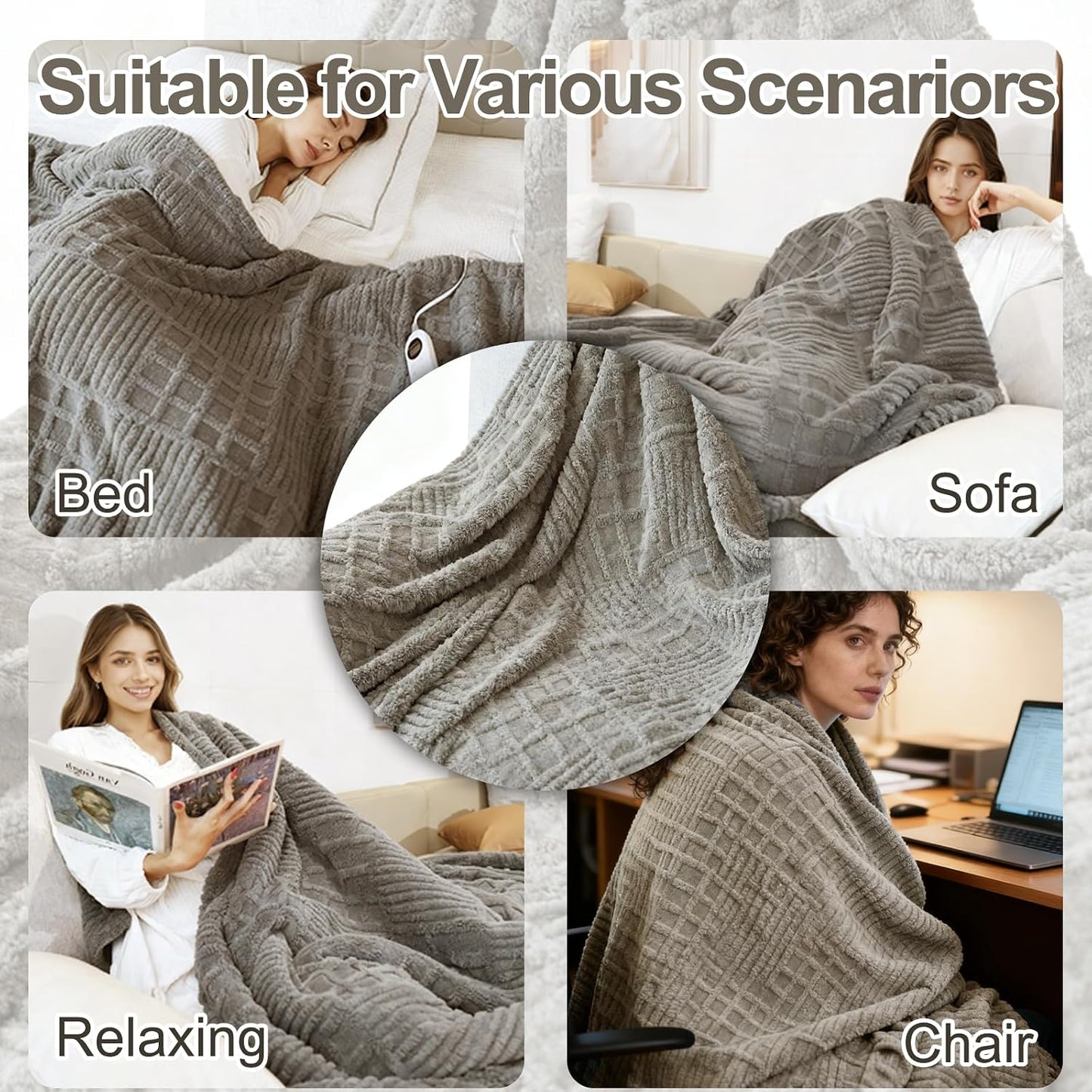 Heated Blanket Electric Throw, 50"X60" Heating Blanket Waffle with 12 Heat Levels, Fast Heating Blanket with 1-12H Timer, Overheat Protection with ETL & FCC for Bed Home Office Sofa (Light Gray）