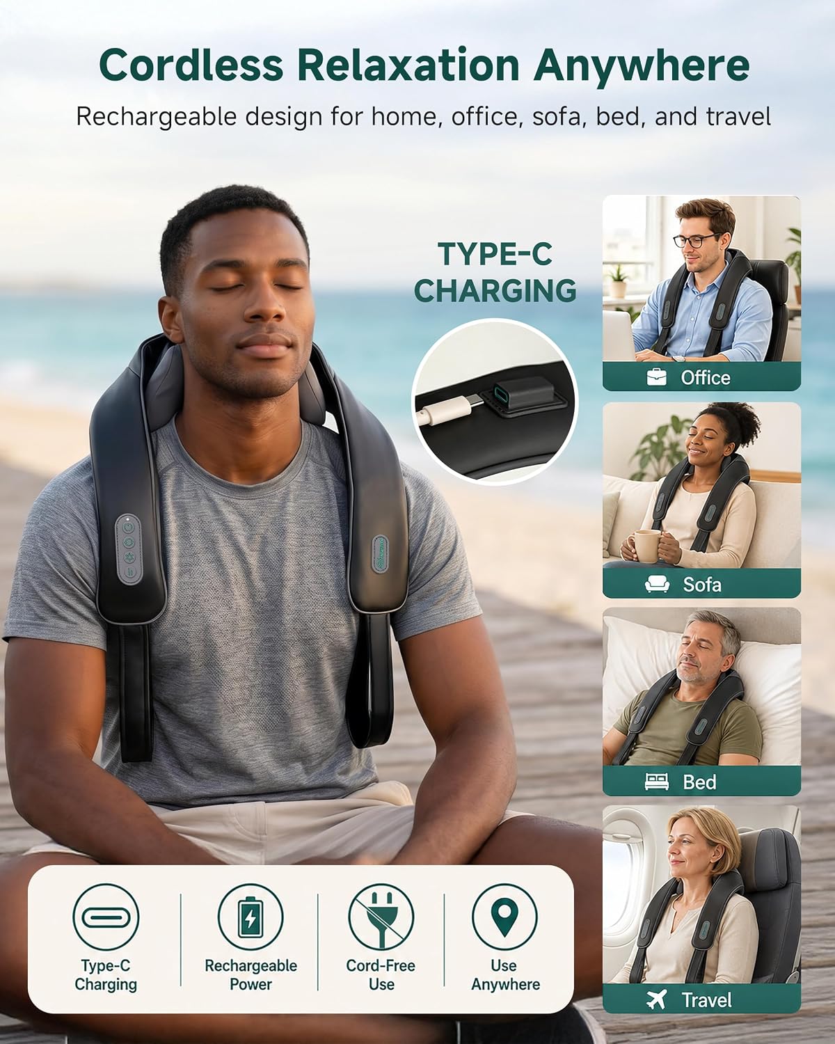 Snailax Cordless Neck & Shoulder Massager with Kneading, Heat, USB-C