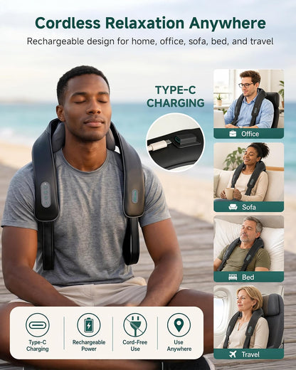 Snailax Cordless Neck & Shoulder Massager with Kneading, Heat, USB-C