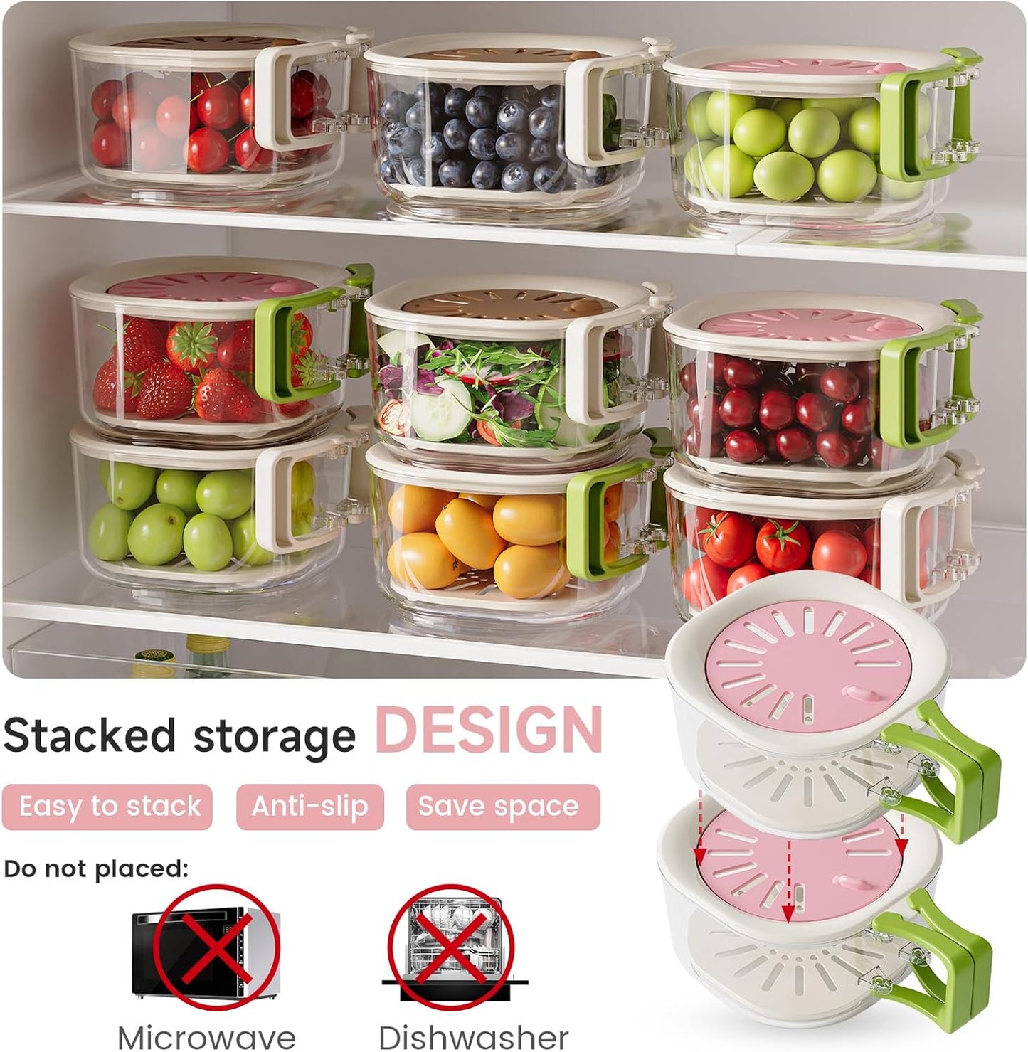2-Pack Plastic Colander Strainer with Adjustable Vent Lid, Fridge Storage Container and Food Organizer Bin, Multi-use Veggie Tray Fruit Platter for Party